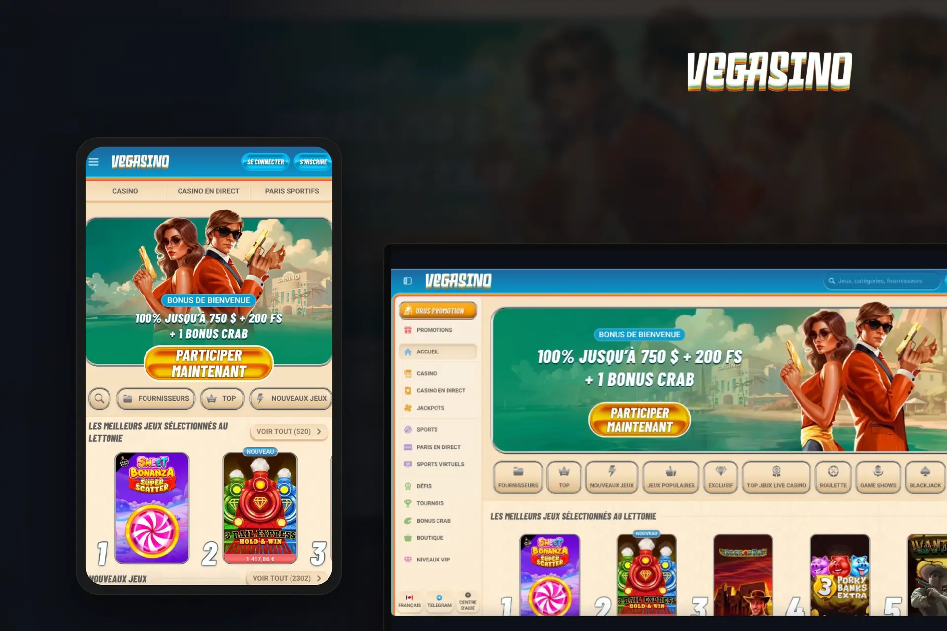 Vegasino Casino — ordinateur et téléphone