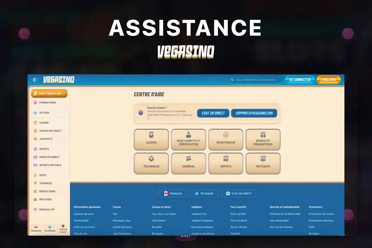 Vegasino Support 24/7 — centre d'aide et contacts