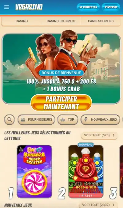 Vegasino Casino — écran d'accueil sur mobile